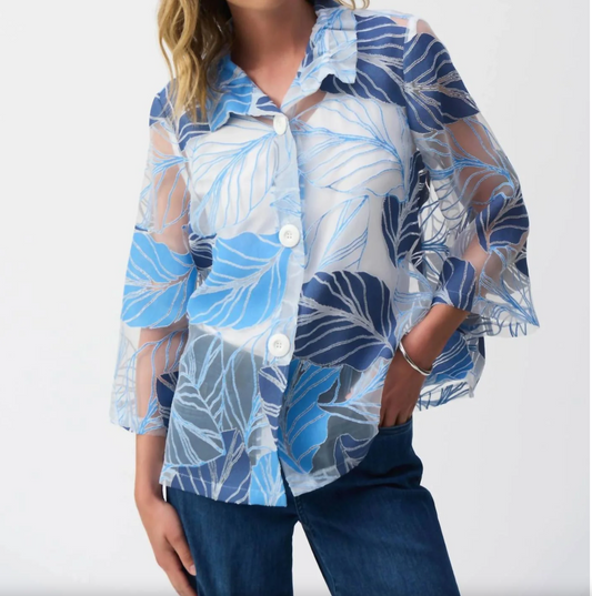 Leaf Print Sheer Quarter Sleeve Jacket